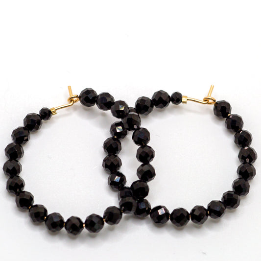 Noir hoops in 1.5" Black spinel beads and 14KT Gold filled.