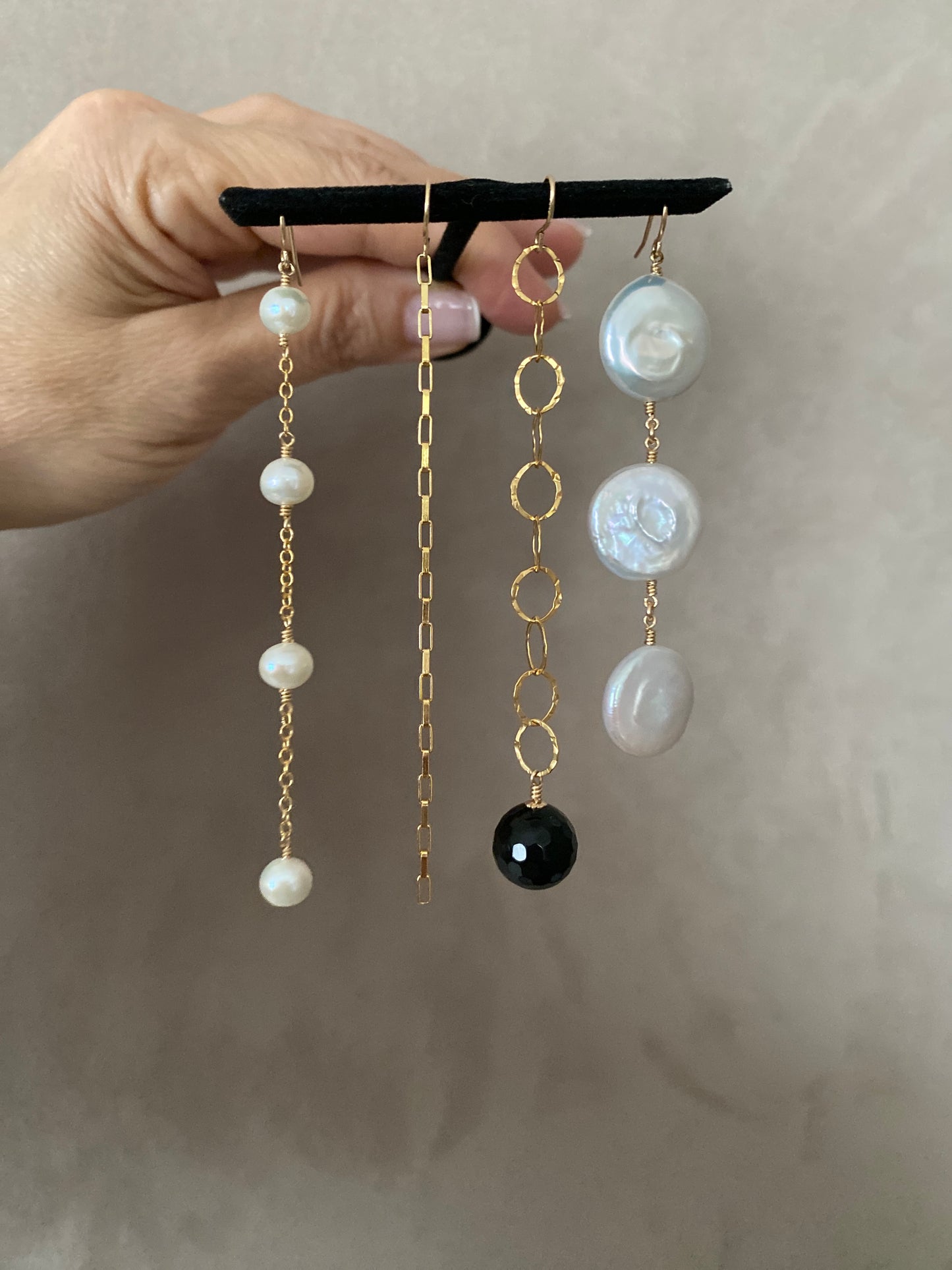 Marilyn 4β slinky long drop earrings in 14KT Gold filled.