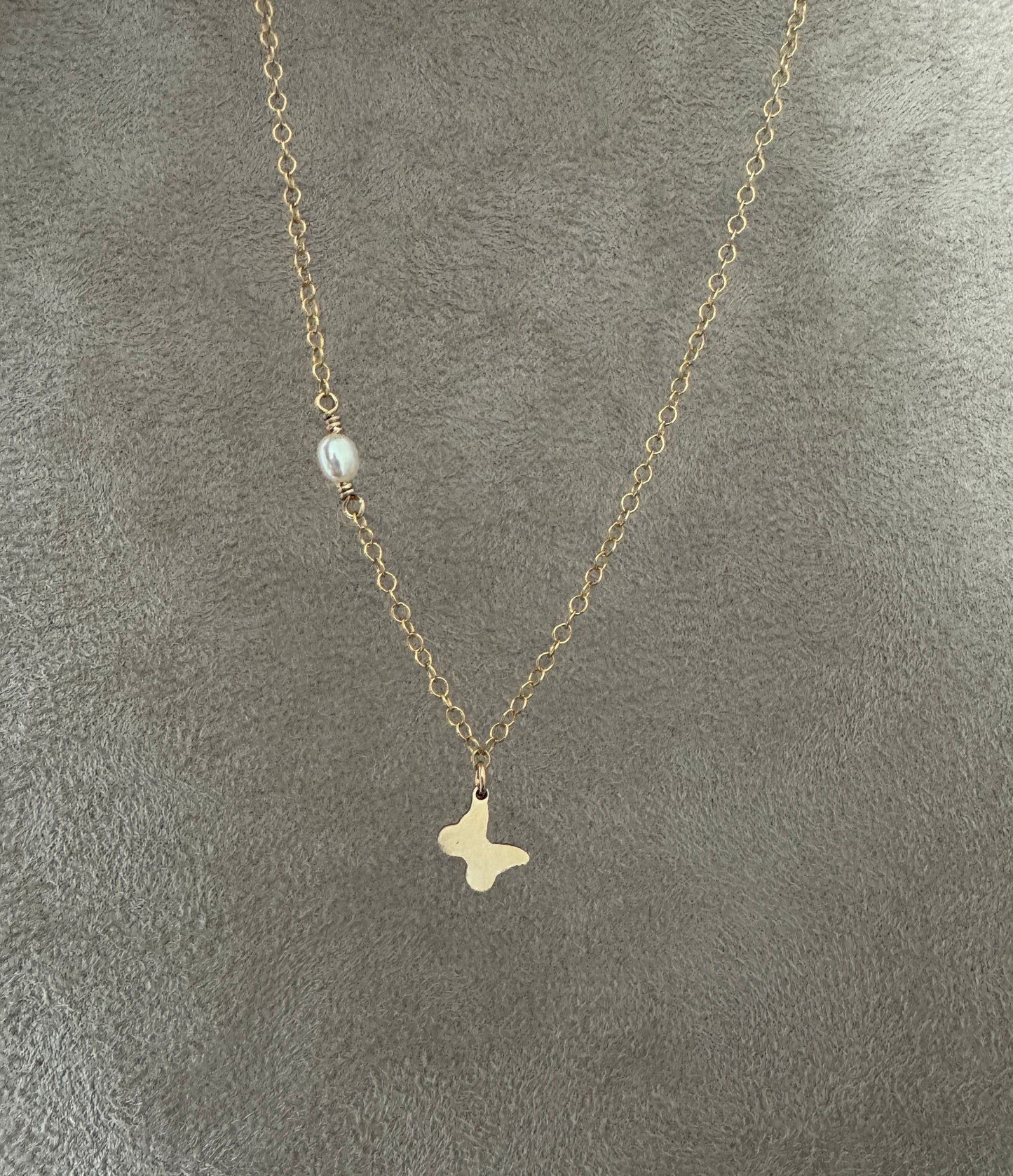 The Vanna butterfly & Pearl necklace in 14KT Gold filled.