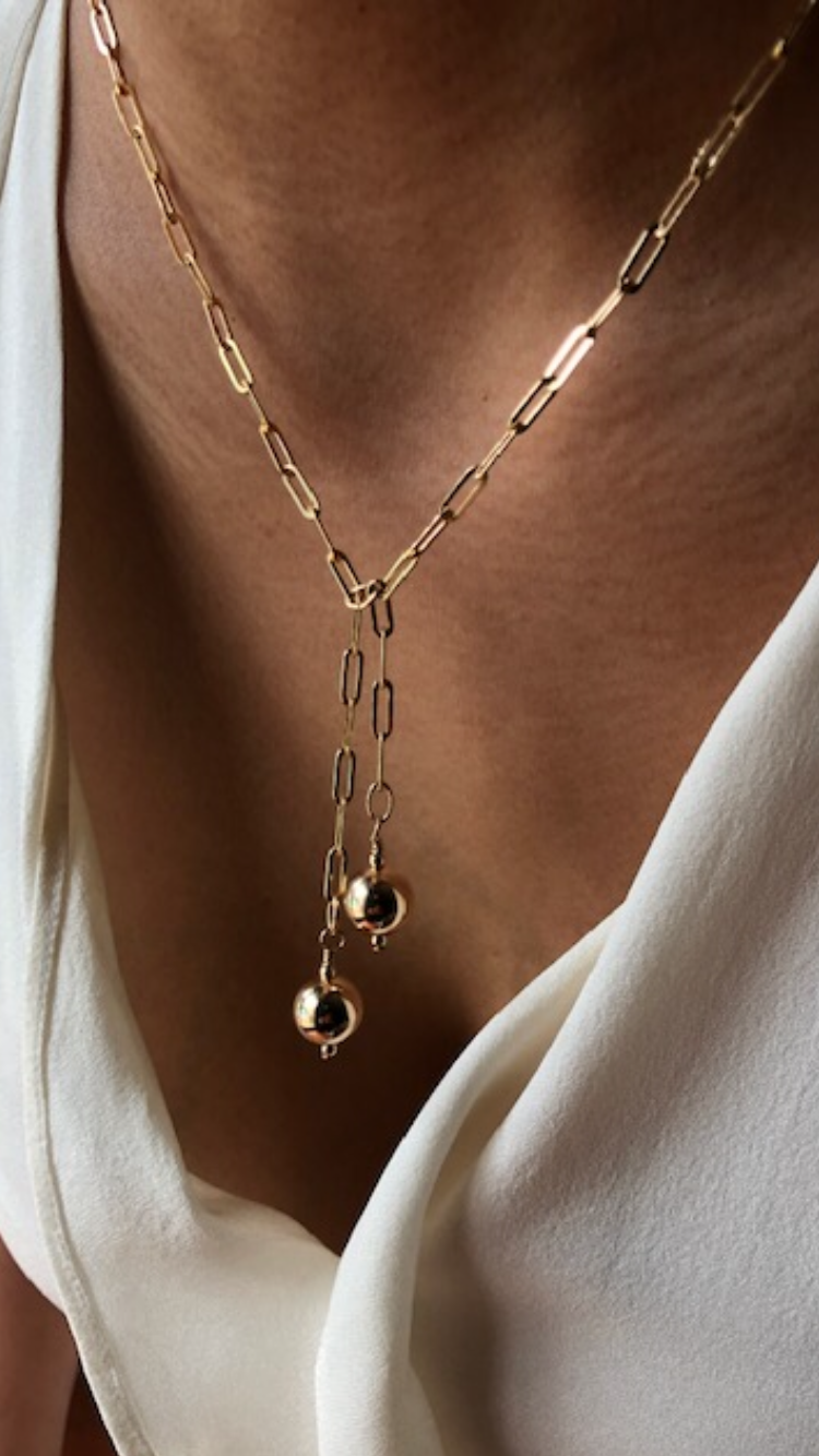 Double ball Lariat necklace in 14KT Gold filled.