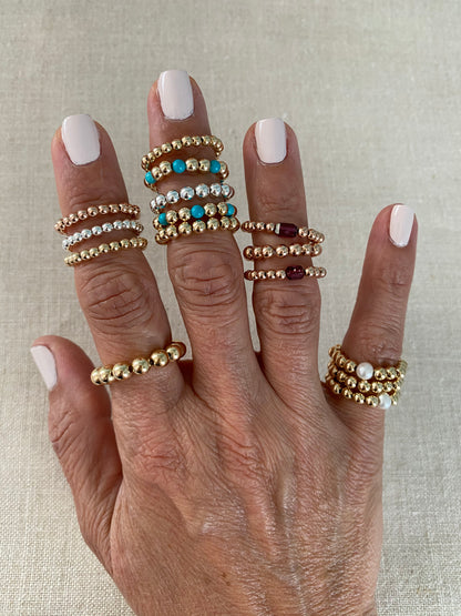 Leona Gold ball and pearl stacking rings in 4KT Gold filled