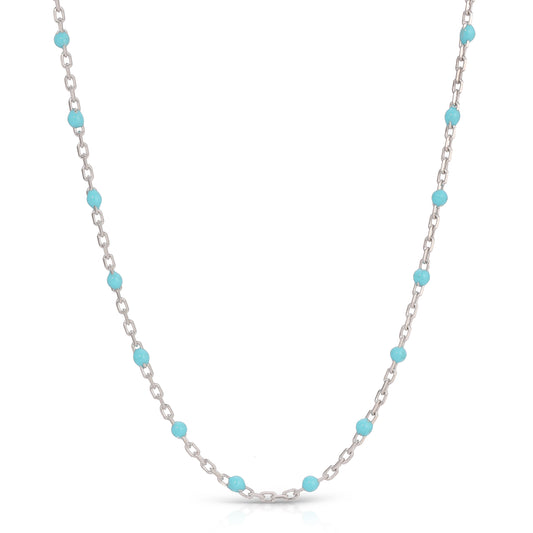 The Fiji necklace in Turquoise and Rhodium plated Sterling Silver.