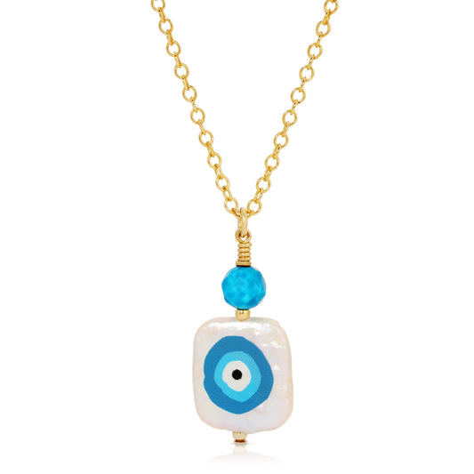 Fortuna evil eye pearl necklace in 14KT Gold filled.