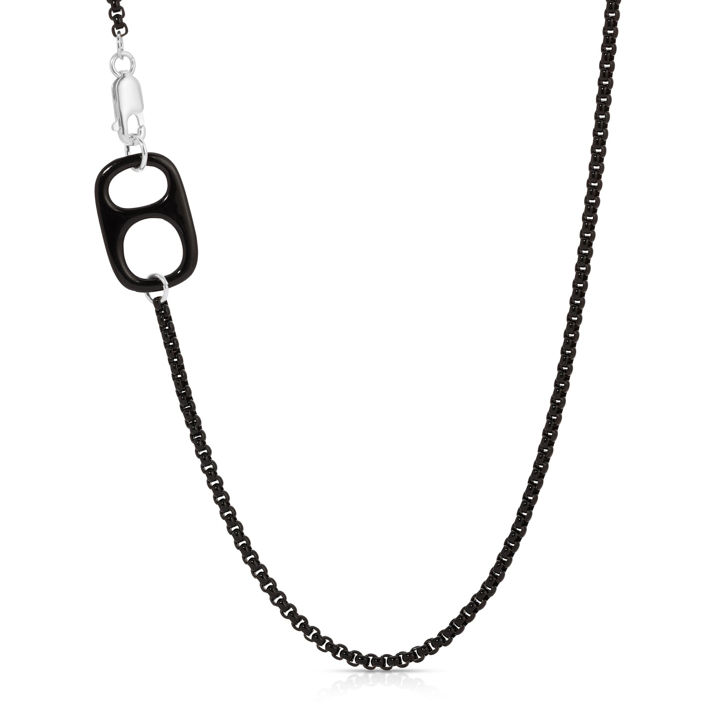 The Tab necklace in black enamel box chain.