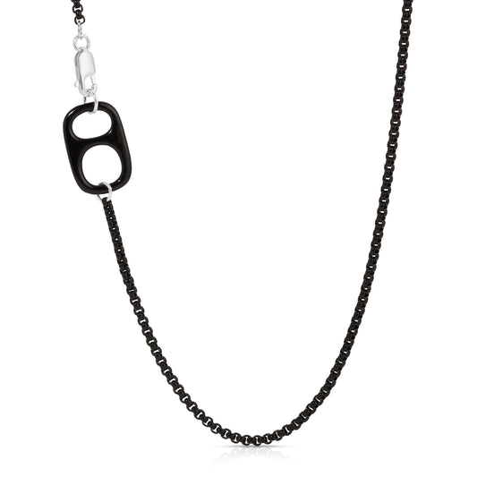 The Tab necklace in black enamel box chain.