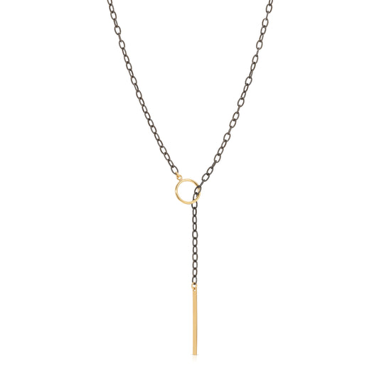 The Siena two tone Lariat with gold bar and loop.