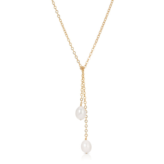 Pearl tie lariat with freshwater pearls and 14KT Gold filled