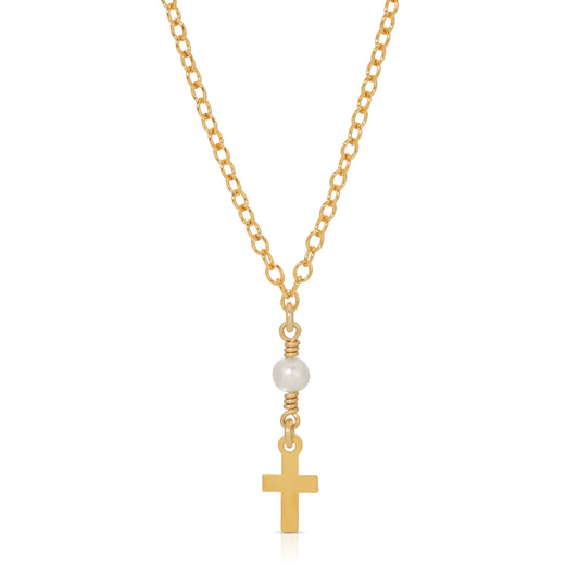 Angelica Pearl crowned Cross necklace in 14KT Gold filled