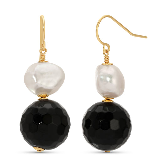 Pearl and Onyx drop earrings in 14Kt Gold filled.