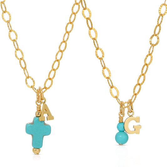 Initial necklace with choice of Turquoise cross or charm in 14KT Goldfilled.