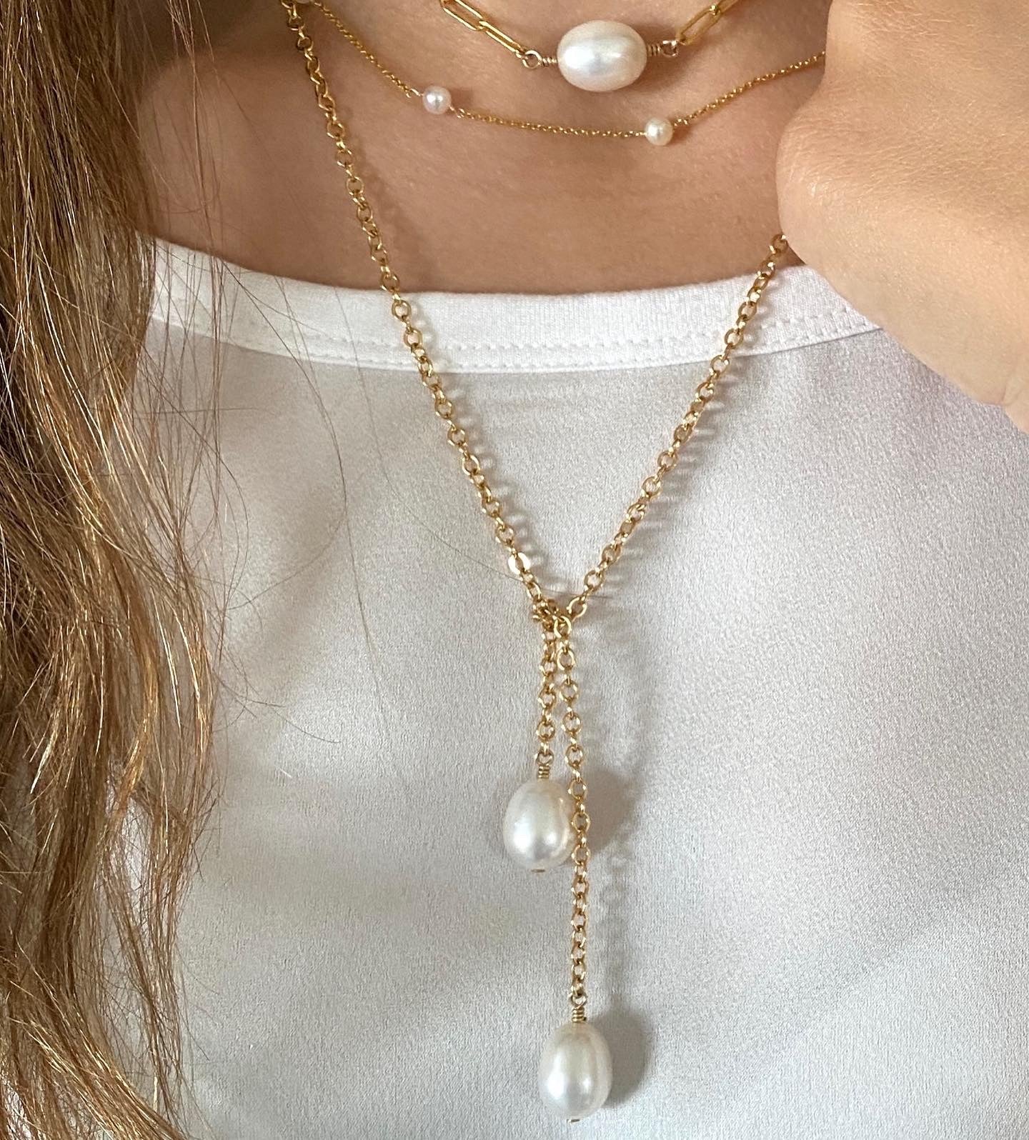 Pearl tie lariat with freshwater pearls and 14KT Gold filled