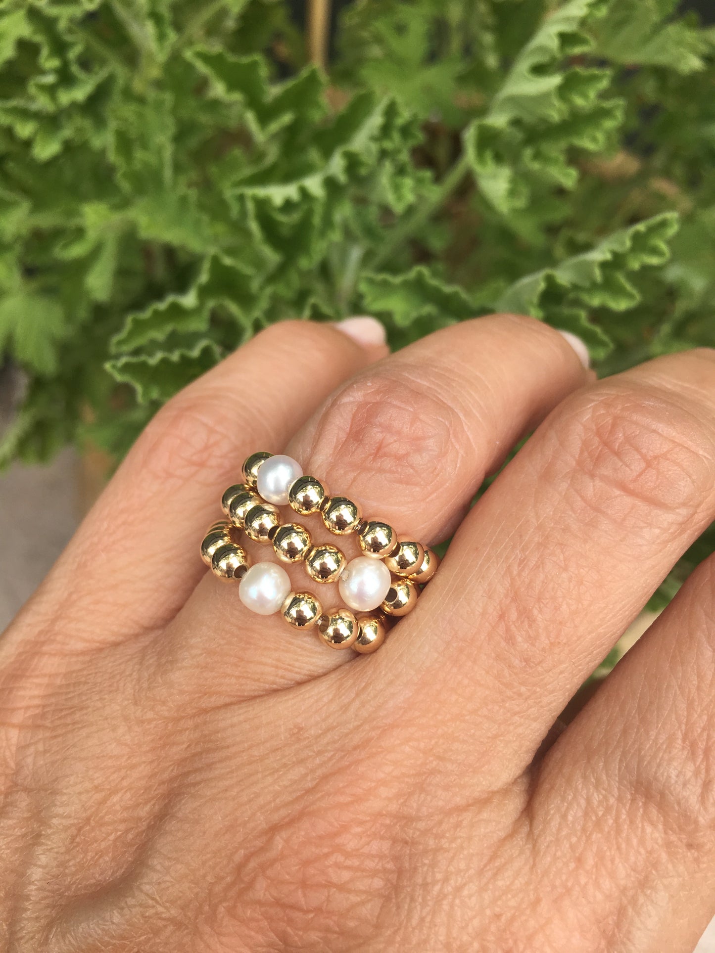 Leona Gold ball and pearl stacking rings in 4KT Gold filled