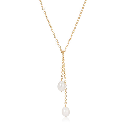 Pearl tie lariat with freshwater pearls and 14KT Gold filled