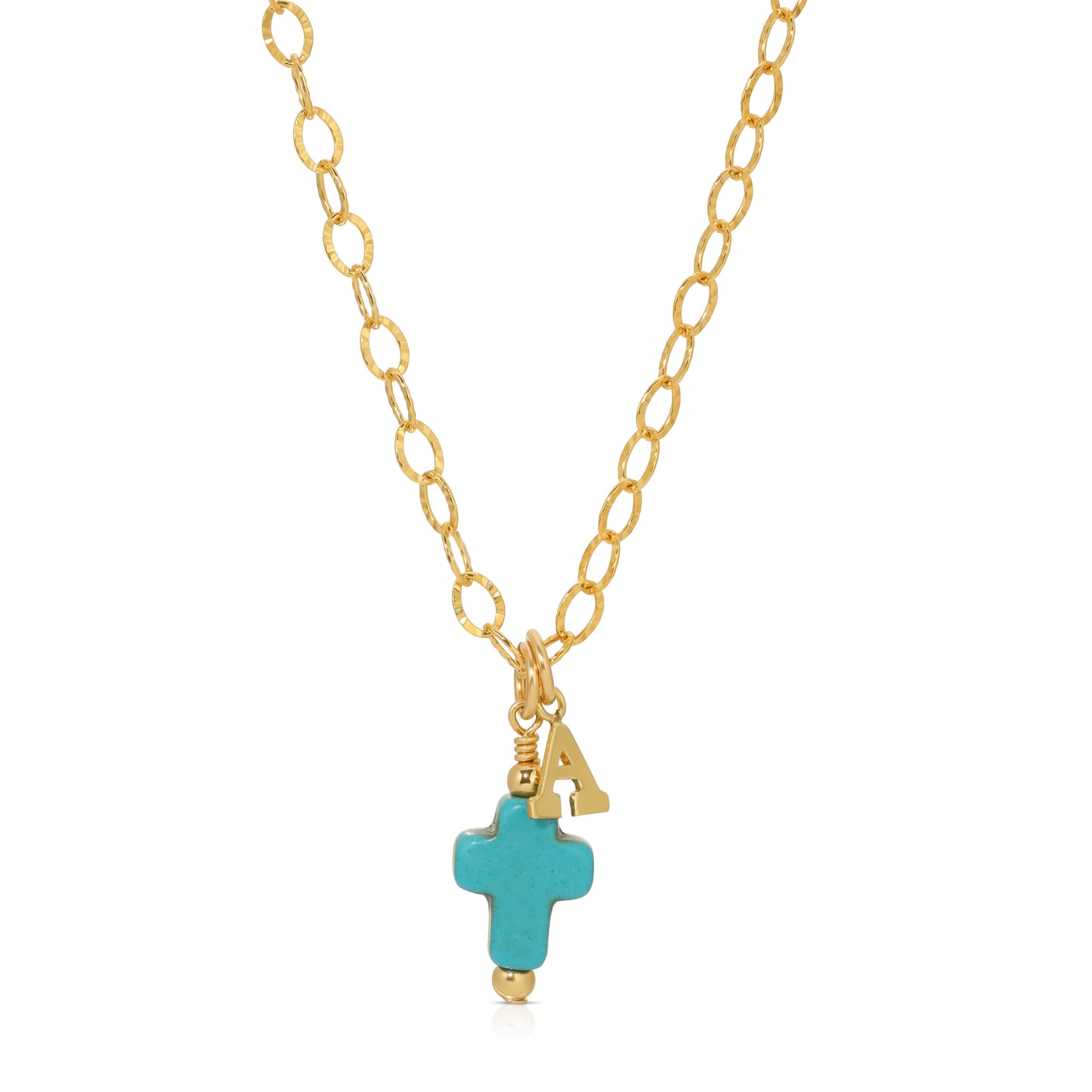 Initial necklace with choice of Turquoise cross or charm in 14KT Goldfilled.