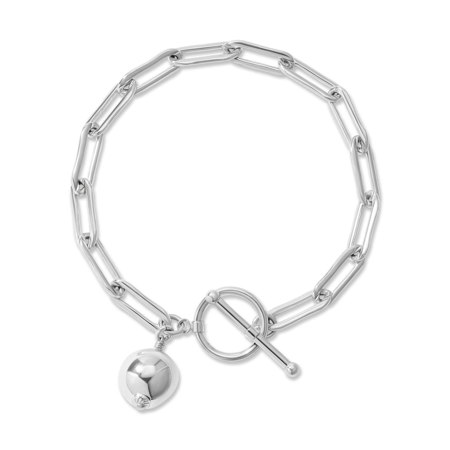 Paperclip link bracelet with ball charm and toggle clasp.